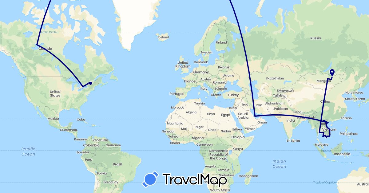 TravelMap itinerary: driving in Canada, Cambodia, Mongolia, Qatar, Thailand, Vietnam (Asia, North America)